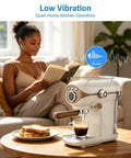Compact Espresso Maker With 20 Bar Pressure And Built In Milk Frother Semi Automatic Coffee Brewer on table with coffee and toast.