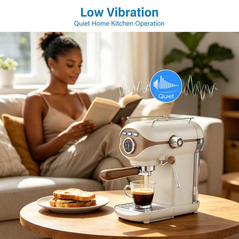 Compact Espresso Maker With 20 Bar Pressure And Built In Milk Frother Semi Automatic Coffee Brewer on table with coffee and toast.