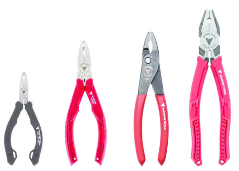 Workhorse Four Piece Screw Extractor Pliers Tool Gift Set With Five Inch Mini ESD Safe Pliers Six And A Quarter Inch Slip Joint Seven Inch And Eight Inch Linesman Pliers And Handy Tool Organizer Pouch Made In Japan four different sized pliers