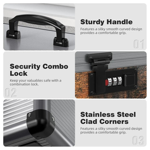 Durable Aluminum Alloy Security Lock Box With 3 Digit Code Lock For Personal Items And Medicine, handle, lock, corners.
