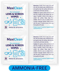 Lens & Screen Wipes sachets by Amazon MaxiClean; 200 pre-moistened, ammonia-free for glasses and screens front/back view