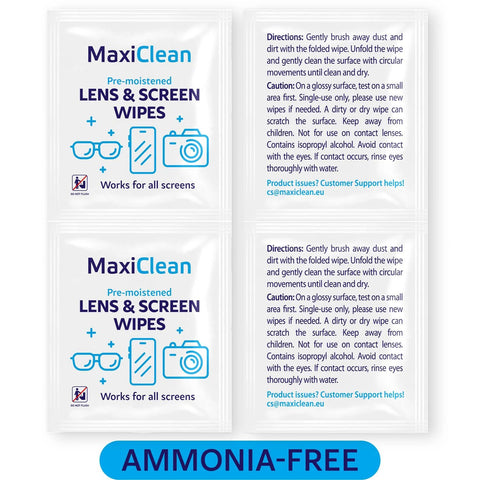 Lens & Screen Wipes sachets by Amazon MaxiClean; 200 pre-moistened, ammonia-free for glasses and screens front/back view