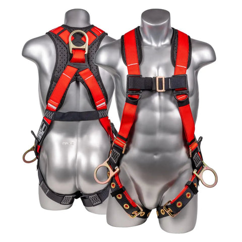 5 Point Fall Protection Harness With Quick Connect Buckle And 3D Ring, Grommet Leg Straps, Sewn In Back Pad, OSHA ANSI Compliant
