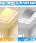 Comparison of skylight temperatures before and after using Top Shelf Garage Door Insulation Kit Hella Thick Double Bubble Reflective Heat Barrier.