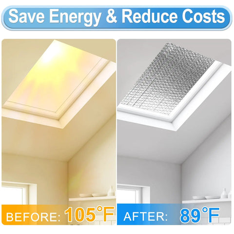 Comparison of skylight temperatures before and after using Top Shelf Garage Door Insulation Kit Hella Thick Double Bubble Reflective Heat Barrier.