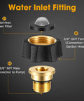 Exploded view of Brass and Anodized Aluminum Pressure Washer Water Inlet Fitting with 3/8 NPT Male to 3/4 GHT Female Adapter.