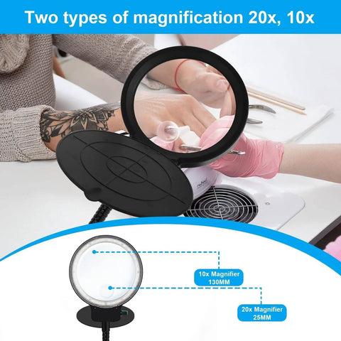 Lighted Floor Magnifier With Stand Featuring 10X And 20X Lenses in use for nail art detail work under LED lighting
