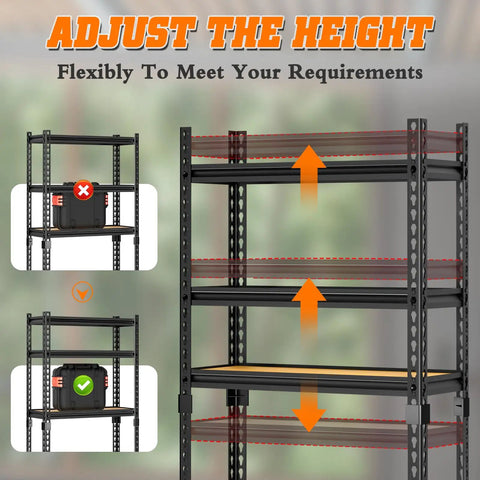 Beefy Heavy Duty Five Tier Metal Storage Shelving Unit adjustable shelves illustration showing height adjustments