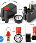 Air Compressor Pressure Switch And Regulator Kit 110V 240V with 4 Way Valve, 0 to 200 PSI Regulator and Safety Relief, components shown.