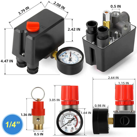 Air Compressor Pressure Switch And Regulator Kit 110V 240V with 4 Way Valve, 0 to 200 PSI Regulator and Safety Relief, components shown.