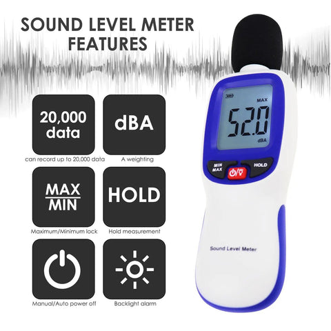 Wireless Sound Level Meter With App Data Logging Bluetooth, portable handheld dBA meter with display and microphone