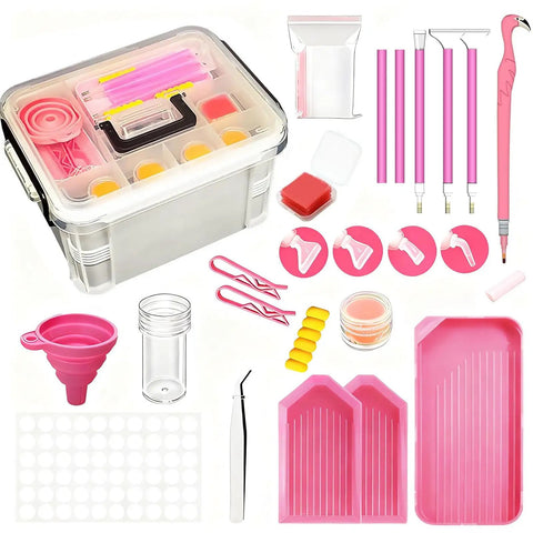 All In One Diamond Painting Tools And Accessories Storage Kit 111Pcs 5D Set with pink toolbox, tools, and trays visible