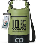 Waterproof Dry Bag With Phone Pouch And Floating Roll Top Backpack 10L Green for Everyday Adventures with attached phone pouch