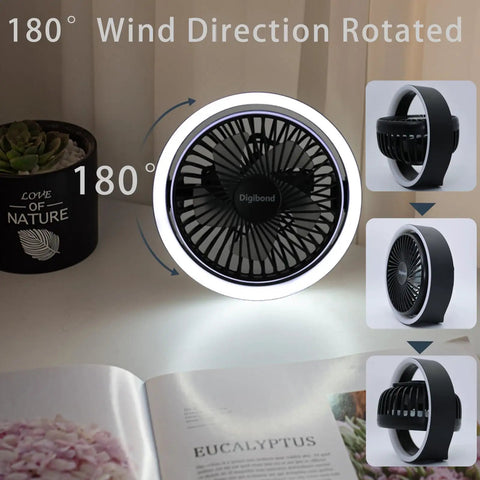Ultra Quiet 5.3 Inch Desk Fan Portable USB Powered With 2000mAh Battery 3 Speeds Night Light 180 Degree Rotated View