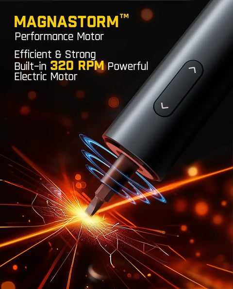 Sleek Pocket Capsule Cordless Electric Screwdriver Kit With Deluxe Extra Bit Holder And Storage Pouch showcases the 320 RPM motor.