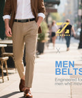 Man wearing Men's Leather Ratchet Belt With Automatic Buckle No Hole Trim To Fit 36 To 42 Inch Waist on city street