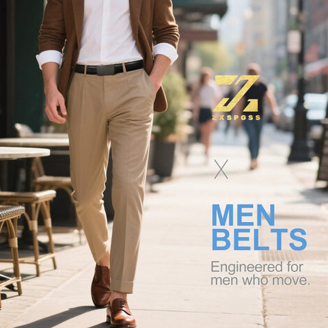 Man wearing Men's Leather Ratchet Belt With Automatic Buckle No Hole Trim To Fit 36 To 42 Inch Waist on city street