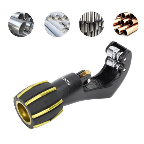 Pro Grade Tubing Cutter For 4 To 32mm Pipes Alloy Steel And Aluminum Body Cuts Copper Iron Galvanized And 2mm Stainless Steel Tubes Perfect For HVAC And Plumbing Tasks shown with pipe examples