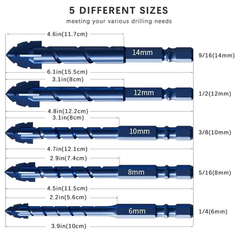 Five blue serrated masonry drill bits with labeled 6mm–14mm sizes