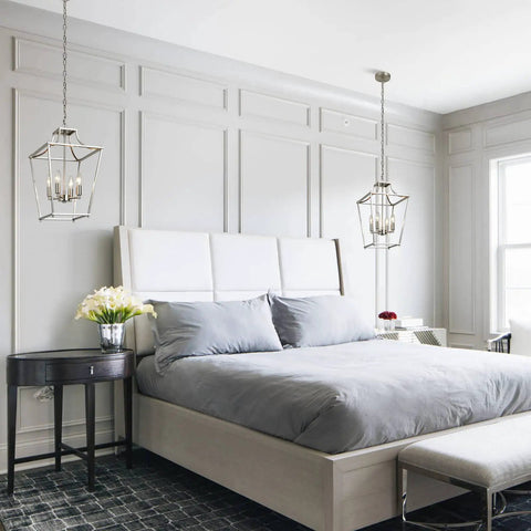 4 Light Lantern Pendant In Brushed Nickel E12 Base Chandelier For Dining Room Kitchen And Foyer hanging in a bedroom
