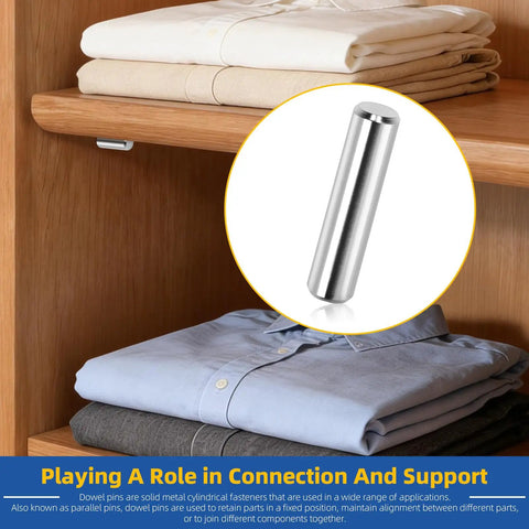 225-Piece M3 Solid Dowel Pins Set in Stainless Steel, 13 Sizes highlighted against a wooden shelf with folded clothes