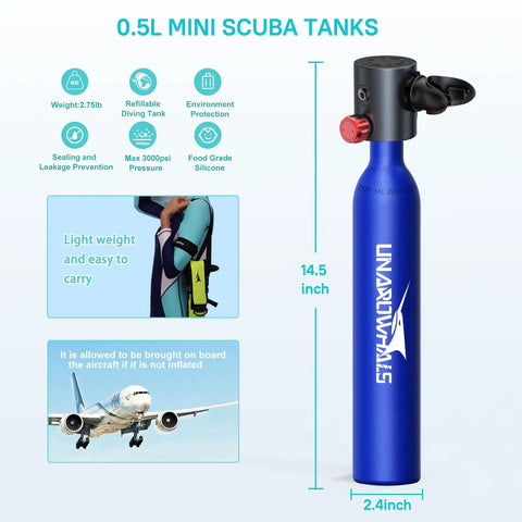 Ultra Portable Mini Scuba Tank for Quick Dives, 0.5L Capacity, 3000 PSI Max, Aluminum Build, Visual with Compatibility Features