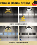 UFO LED High Bay Light 150W 22500 Lumens 5000K Daylight showing optional motion sensor in warehouse