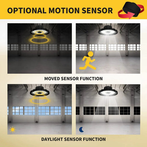 UFO LED High Bay Light 150W 22500 Lumens 5000K Daylight showing optional motion sensor in warehouse