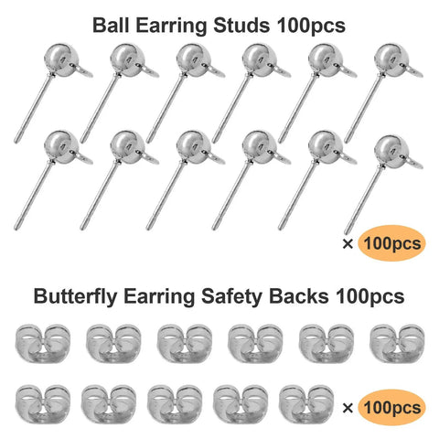 100 Pcs White K Ball Earring Studs With Loop Backs Hypoallergenic Posts For Jewelry Making Craft Projects And DIY Earring Supplies Ideal For Custom Studs Hoops Bead Jewelry And Creative Jewelry, ball studs and butterfly backs