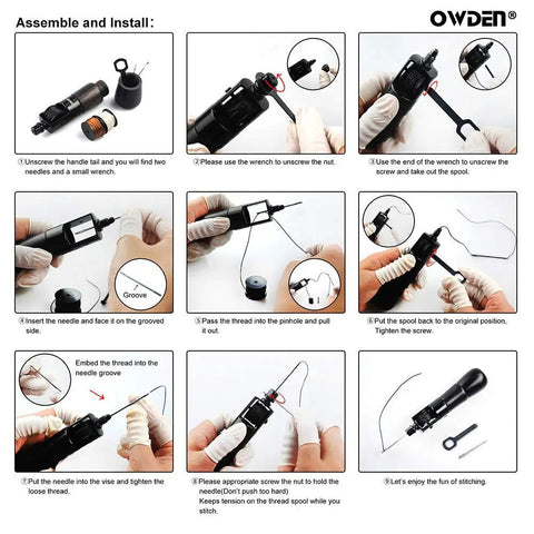Leather Stitching Pro Grade Awl Tool Set assembly instructions with aluminum handle and ebony grip, include wrench and needles.