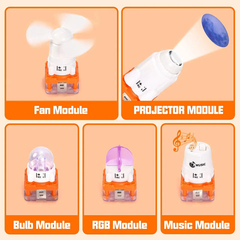 Circuit Board Kit For Kids With 500 Plus QR Guided Projects, STEM Electronics Set For Ages 8 And Up, 5 Hands On Interactive Modules Including Fan, Projector, And Bulb Modules, Great Educational Gift, five snap-on modules