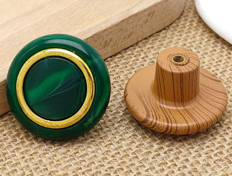 Emerald Imitation Wood Grain Plastic Cabinet Handles Set Of 6 Single Hole Drawer Pulls close-up, gold accent detail