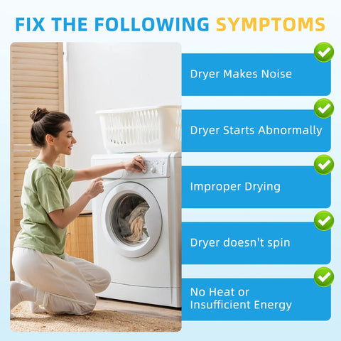 Person adjusting dryer with checklist of symptoms fixed by Complete Dryer Repair Kit For Samsung Including Drum Rollers, Idler Pulley, Dryer Belt And Spring DIY Friendly OEM Quality Replacement Parts To Fix Noisy Dryers, Boost Dry Time And Tumble, Easy Install
