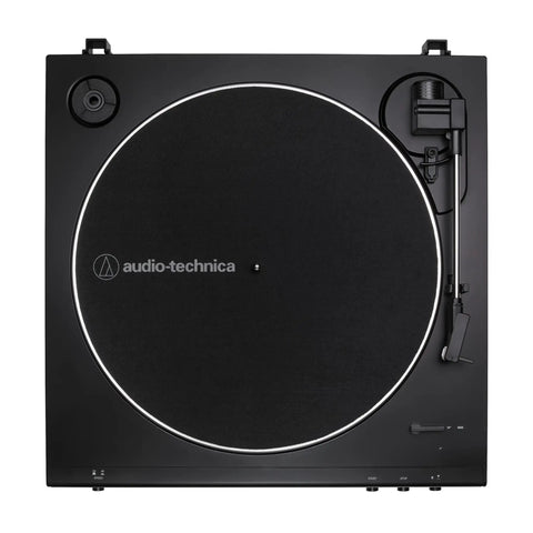 Audio-Technica At-Lp60X-Bk Fully Automatic Belt Drive Stereo Turntable Black Hi Fi with dust cover and aluminum platter.