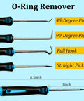 O-Ring remover tool set with 45-degree, 90-degree, full hook, and straight pick, lengths labeled in inches.