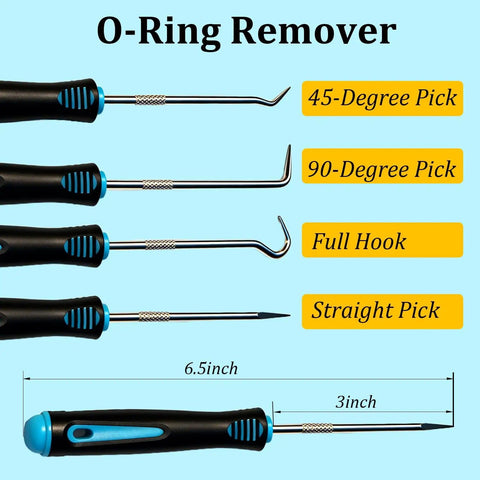 O-Ring remover tool set with 45-degree, 90-degree, full hook, and straight pick, lengths labeled in inches.