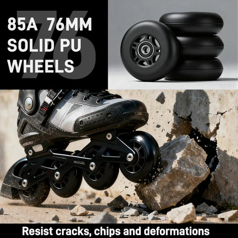 4 Pack Inline Hockey Skate Wheels Set With 85A PU ABEC-9 608-2RS Bearings and floating spacers on skates breaking rock