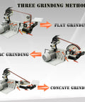 Image of Heavy Duty 1500W Variable Speed Belt Sander And Knife Grinder Table showcasing three grinding methods: flat, arc, and concave.