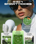 Woman using Golf Rangefinder With Slope And Magnetic Stripe in 4-in-1 mode; shows pin-lock; rechargeable device