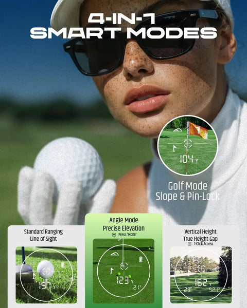 Woman using Golf Rangefinder With Slope And Magnetic Stripe in 4-in-1 mode; shows pin-lock; rechargeable device