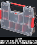 10-Compartment Small Tool Storage Organizer made from durable plastic with removable dividers, shown with locking lid and side latches.
