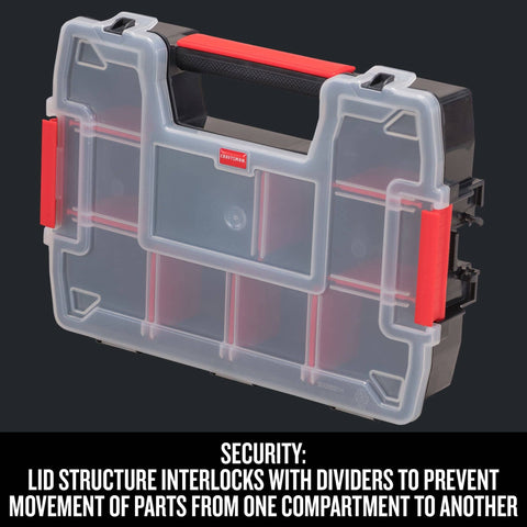 10-Compartment Small Tool Storage Organizer made from durable plastic with removable dividers, shown with locking lid and side latches.