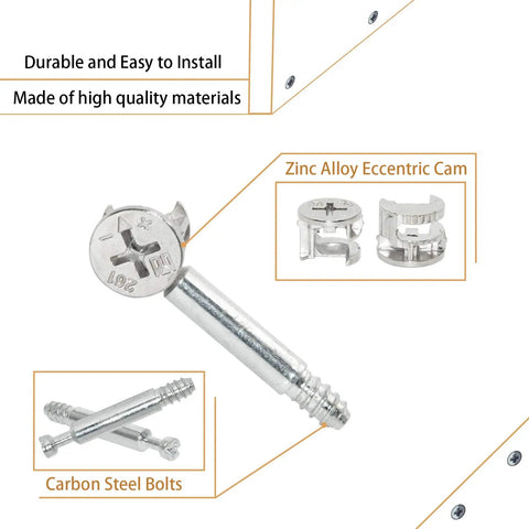 Heavy Duty Self Tapping Furniture Cabinet Connector Kit Featuring Zinc Plated Cam Locks And Precision Steel Dowels With Pro Grade Hardware, zinc alloy eccentric cam and carbon steel bolts.