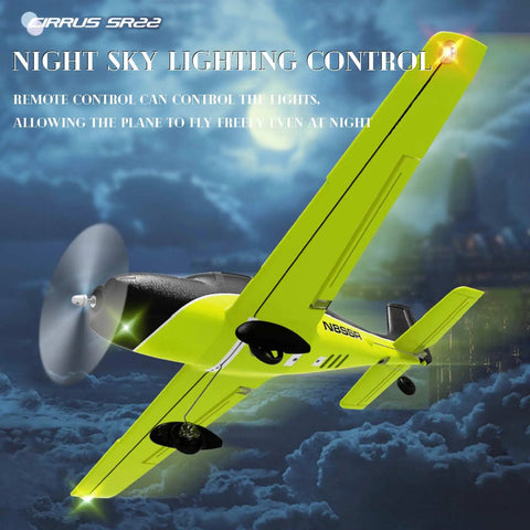 Off Road 5 Channel RC Plane With One Key Hang Stunt And Wind Resistant Flight Control, EPP Foam Fixed Wing Ready To Fly For Beginners And Seasoned Pilots, Green Color, shown flying at night with lights on.