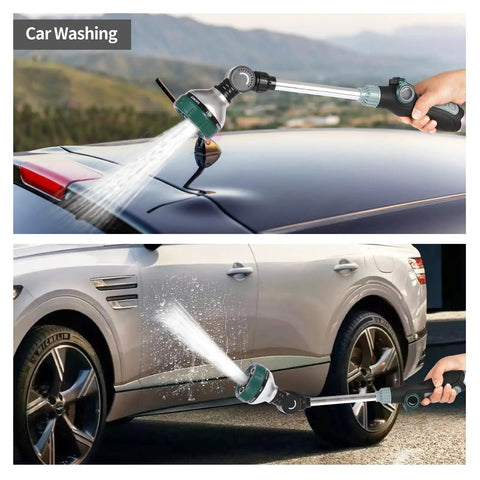 17.5 Inch Garden Hose Watering Wand With Eight Spray Patterns used for washing a car, showing pivoting head and thumb flow control.