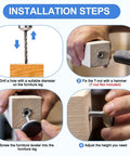Installation steps for Premium M10 Thread Levelers 4 Pack Adjustable Table Feet with drill and T-nut fitting.