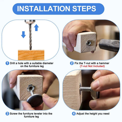 Installation steps for Premium M10 Thread Levelers 4 Pack Adjustable Table Feet with drill and T-nut fitting.