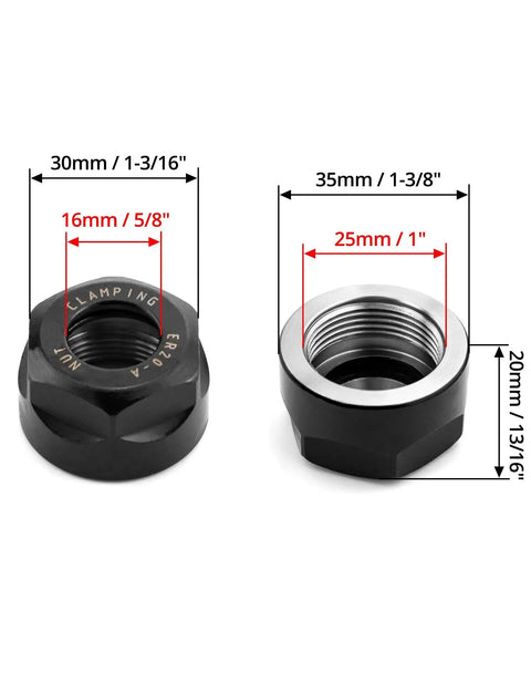 ER20 A Collet Clamping Nuts For CNC Milling Chuck Holder Lathe 4 Pack Black Finish, precision measurements shown, black oxide steel