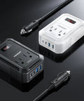 Kickin Ass On Long Drives With This Reliable 200W Car Power Inverter, two models in black and white with USB ports.
