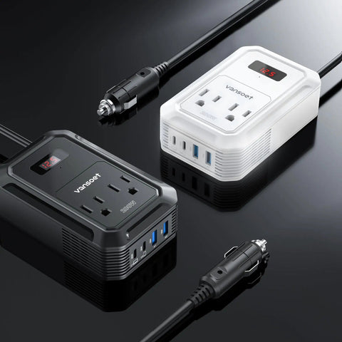 Kickin Ass On Long Drives With This Reliable 200W Car Power Inverter, two models in black and white with USB ports.
